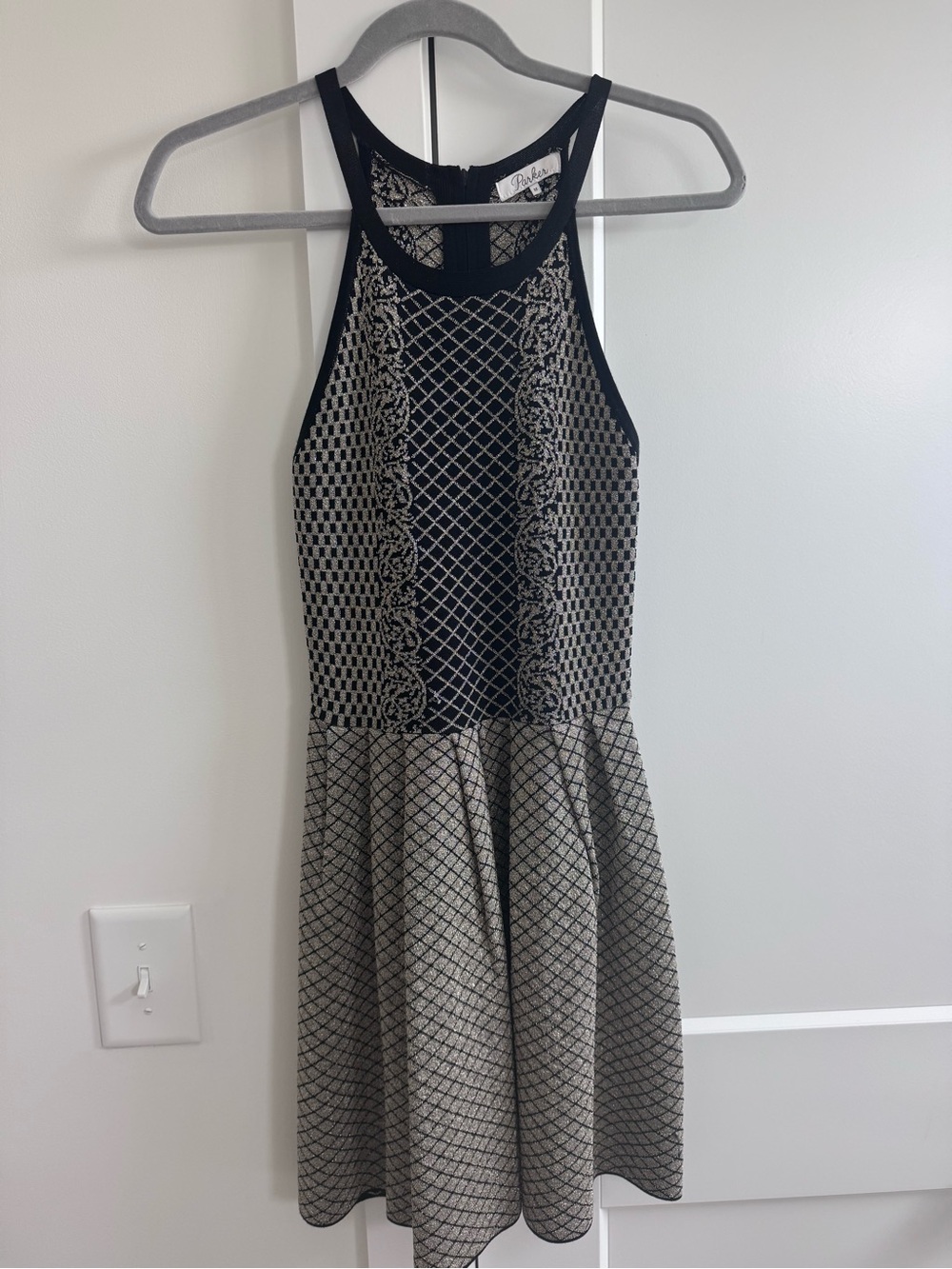 Parker Black and light gold Patterned Halter Midi Dress